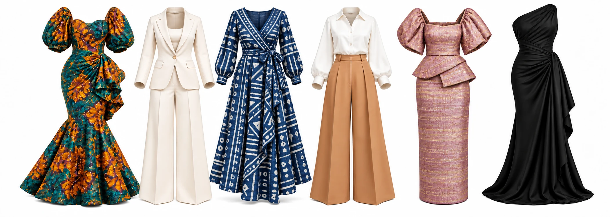 Six women's African and Western outfits displayed on invisible mannequins